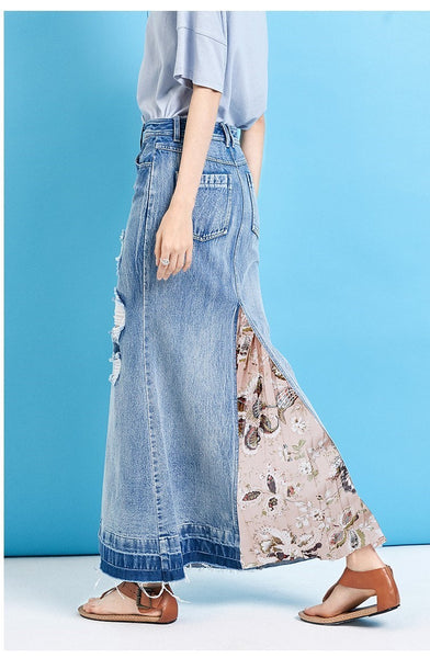 ARTKA SPLIT FRONT DENIM MAXI SKIRT WITH CONTRAST PANELS - boopdo