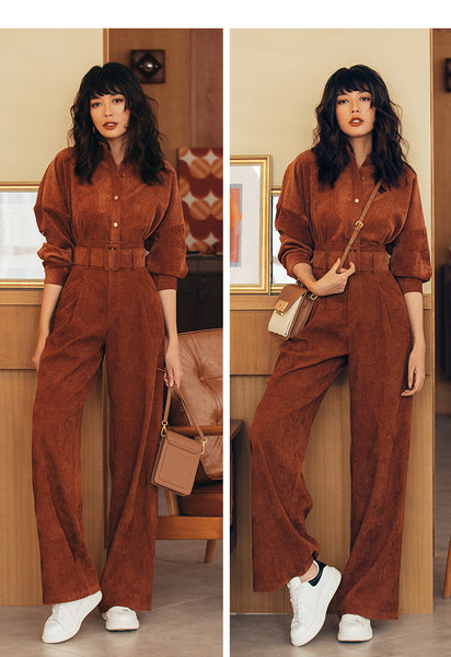 VERRAGE RETRO INSPIRED VELVET SHIRT AND HIGH WAIST WIDE LEG PANTS - boopdo