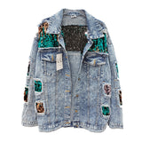 MONICA DIZO HANDMADE RIPPED DENIM JEAN WOMEN JACKET WITH SEQUINS - boopdo