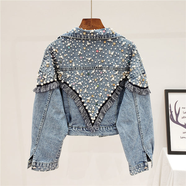 JEYYO CATHRO RETRO STAR OLD FASHION DENIM JEAN WOMEN JACKET WITH BEADED ACCESSORIES - boopdo