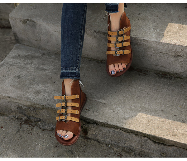 PROVA PERFETTO HUFFO ROMAN OPEN TOE FLAT SOLE LEATHER SANDALS - boopdo
