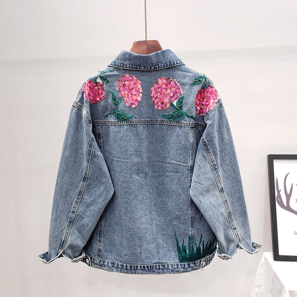 KEAN DENYA GANGO HANDMADE FLOWER BUTTERFLY EMBROIDERED DENIM JEAN COAT - boopdo