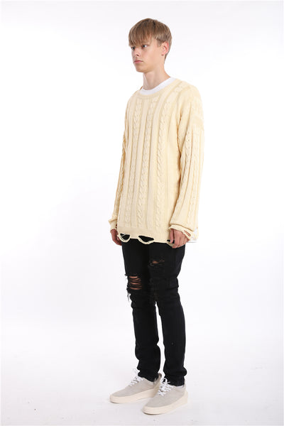 NAGRI KORBA RIPPED KNITTED CREW NECK PULLOVER SWEATER - boopdo