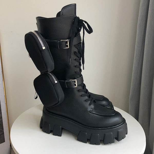 JESSY MARIA BRITISH STYLE CHUNKY PLATFORM LEATHER BOOTS WITH STRAP POCKET IN BLACK - boopdo