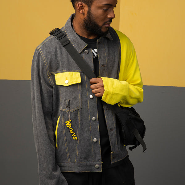NFWYS METEORITE RIPPED DENIM JEAN JACKET IN YELLOW GRAY - boopdo