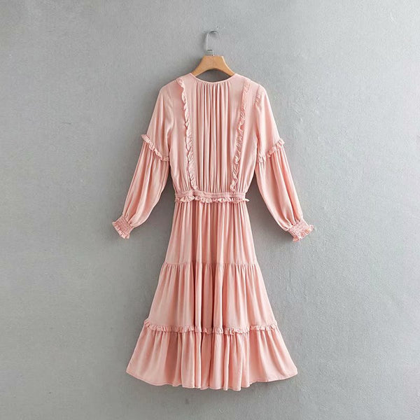 BOOPDO AMERILO RETRO TRIM LONG SLEEVED DRESS IN PINK - boopdo