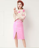 BBL DESIGN STAR PRINT SWEATER AND BELT DETAIL PENCIL SKIRT IN PINK - boopdo
