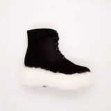 MOMO GOTHIC BRITISH STYLE FURRY CHUNKY SOLE BOOTS IN BLACK WHITE - boopdo