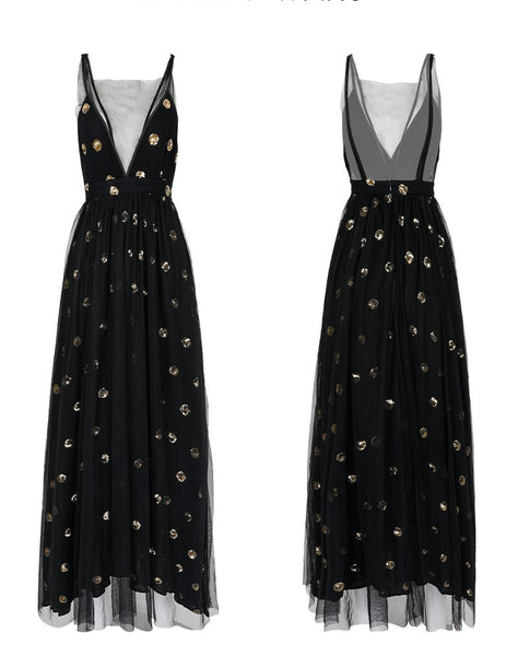 SINCE THEN MESH TOP EMBELLISHED MAXI DRESS IN BLACK - boopdo
