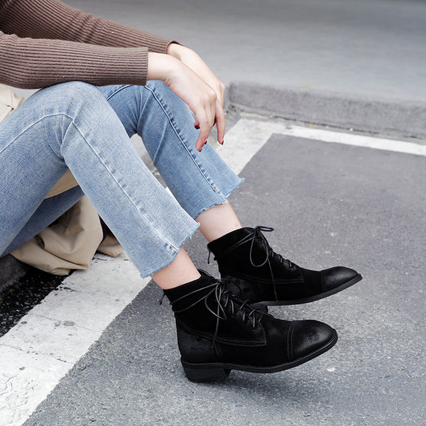 WAZALO BRITISH MARTINA FROSTED LEATHER ANKLE BOOTS - boopdo