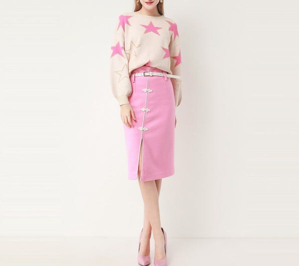 BBL DESIGN STAR PRINT SWEATER AND BELT DETAIL PENCIL SKIRT IN PINK - boopdo