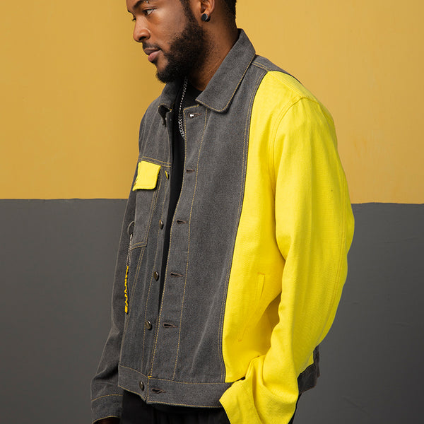 NFWYS METEORITE RIPPED DENIM JEAN JACKET IN YELLOW GRAY - boopdo