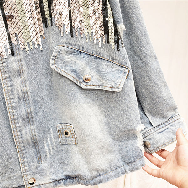 GIANA TRUANCY OLD STYLE DENIM JEAN WOMEN JACKET WITH BEADED SEQUINS - boopdo