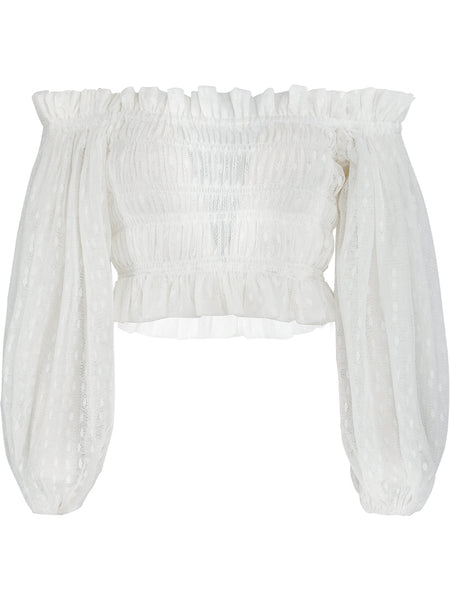 SINCE THEN OFF SHOULDER BEACH CROP TOP IN WHITE CRINKLE - boopdo