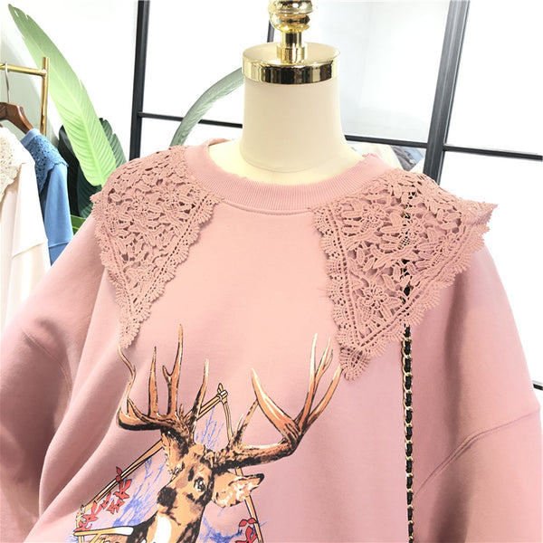 SIMDA LACE COLLAR DETAIL SWEATSHIRT WITH PRINT - boopdo