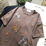 BOOPDO DESIGN SEQUIN STAR AND HORSE EMBROIDERY LONGLINE T SHIRT - boopdo