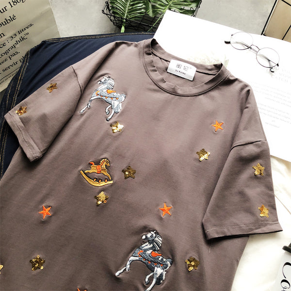 BOOPDO DESIGN SEQUIN STAR AND HORSE EMBROIDERY LONGLINE T SHIRT - boopdo