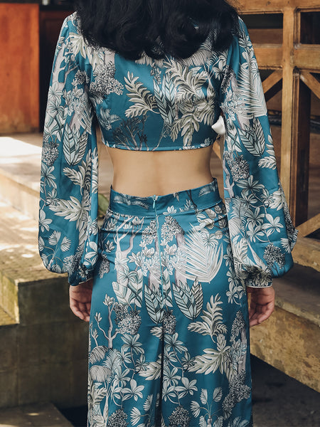 SINCE THEN HIGH NECK TIE SIDE CROP TOP WITH WIDE LEG TROUSERS IN FLORAL PRINT - boopdo