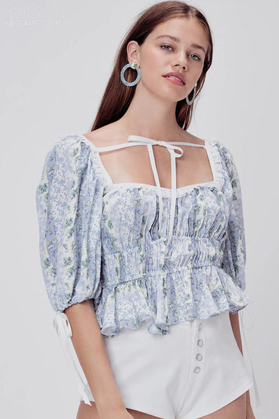 ALICE PUFF SLEEVE SWEETHEART NECK TOP IN DITSY FLORAL PRINT - boopdo