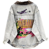 VANESSA JUSSO LEOPARD DETAIL BEADED OLD SCHOOL STYLE DENIM JEAN WOMEN JACKET - boopdo