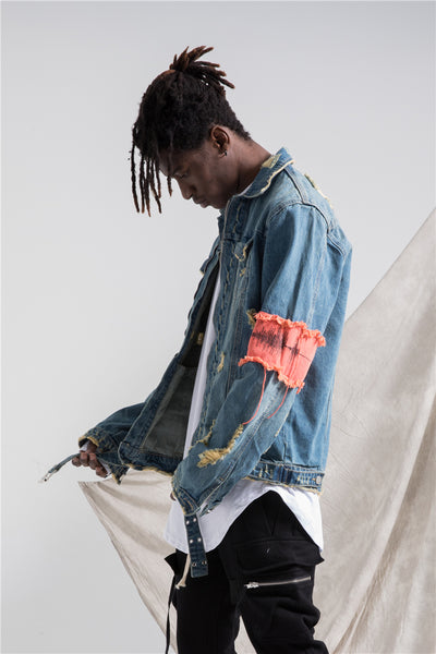 HYPE URBAN INSPIRED RIPPED WASHED DENIM JEAN JACKET WITH ARMBAND - boopdo