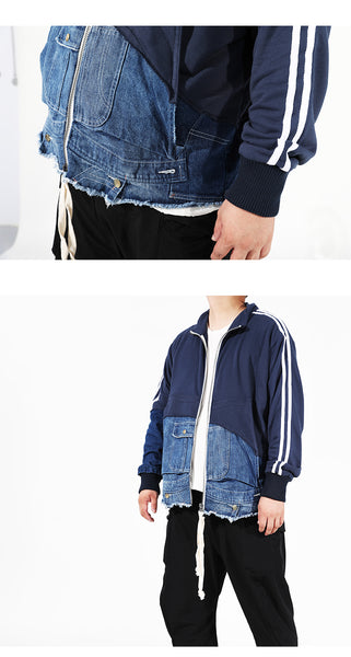 THE ORANGE MAX CLOTHING PLUS SIZE PATCHWORK DENIM TRACK JACKET IN NAVY - boopdo