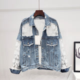 VANESSA JUSSO EMBROIDERED RIPPED DENIM JEAN WOMEN JACKET WITH LACE BACK DETAIL - boopdo