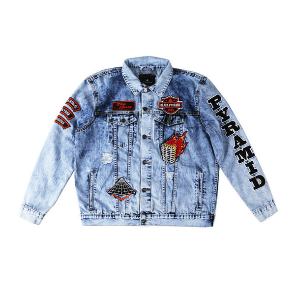 BLACK COCKTAIL GRAPHIC PRINT STREET STYLE DENIM JACKET IN BLUE - boopdo