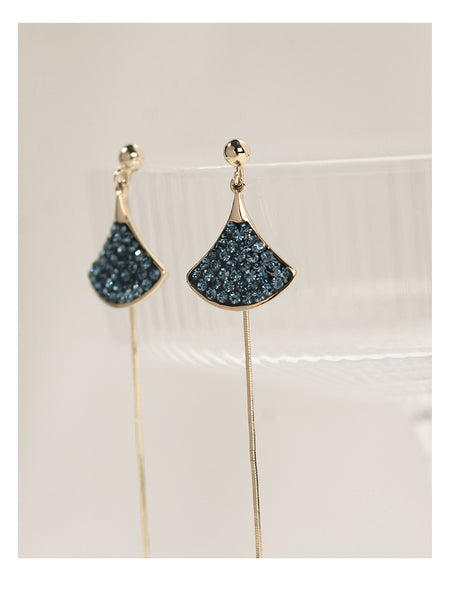 UZL DESIGN GOLD PLATED CHAIN DROP EARRINGS WITH BLUE CRYSTAL DETAIL - boopdo