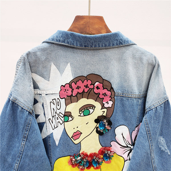 JOYA PALF HANDMADE HAWAII GIRL RIPPED DENIM JEAN COAT WITH RHINESTONE - boopdo