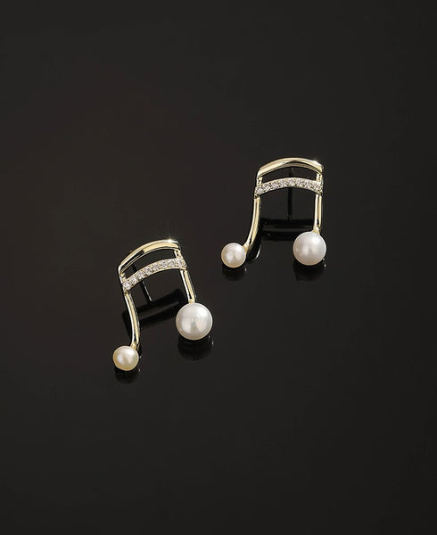 UZL DESIGN GOLD PLATED MUSIC ICON STUD EARRINGS WITH CRYSTAL AND PEARLS - boopdo
