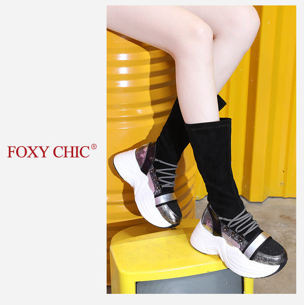 FOXY CHIC ELLISA JACKSON DESIGN CHUNKY PLATFORM WOMEN SNEAKER BOOTS IN BLACK - boopdo