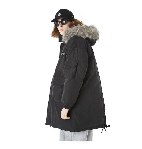 SWAGGER SHOTE MID LENGTH FAUX FUR COLLAR HOODED JACKET - boopdo