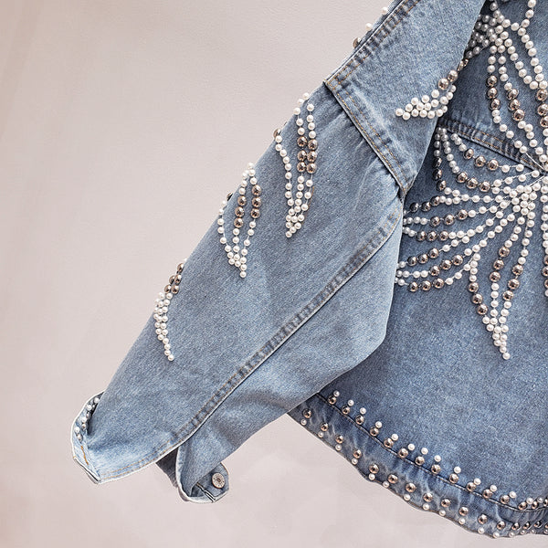 FUZZI KUNNO BASIC COLLECTION BEADED OLD FASHION STYLE DENIM JACKET WITH RIVET - boopdo