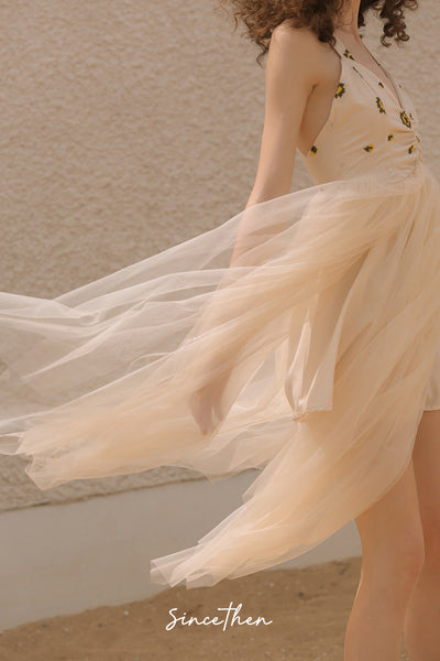 SINCE THEN EMBROIDERED TOP TULLE DRESS IN CREAM - boopdo