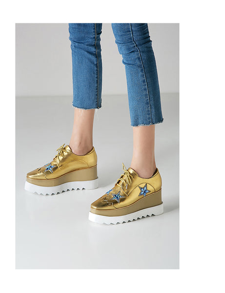 JOSASE MEZZA CHUNKY WEDGED LEATHER SHOES IN GOLD - boopdo