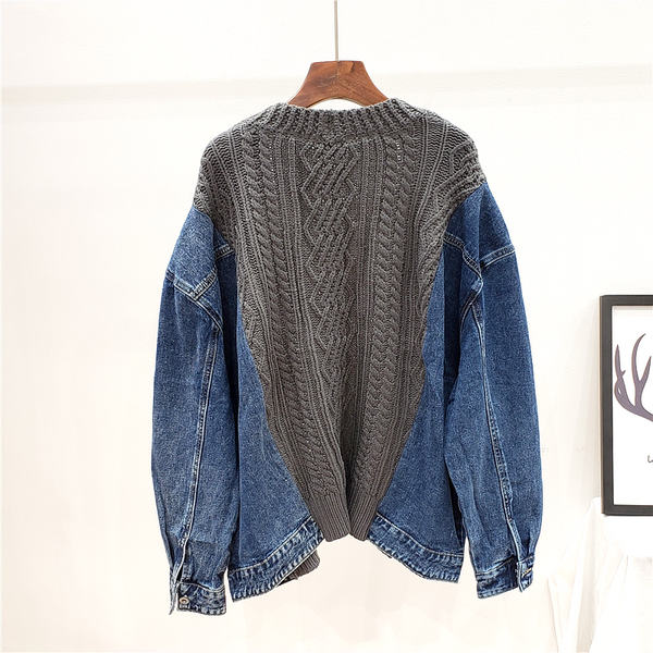 NATHAL ANGLO PATCHWORK KNITTED CARDIGAN DENIM WOMEN JACKET - boopdo