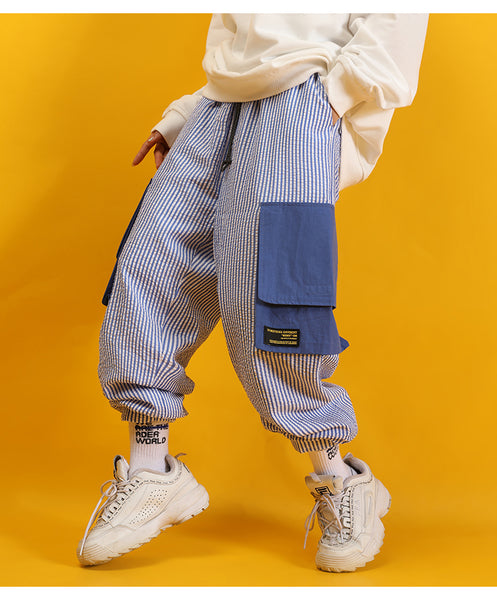 KIKO GORLA STRIPED SEERSUCKER CASUAL JOGGER PANTS IN BLUE - boopdo