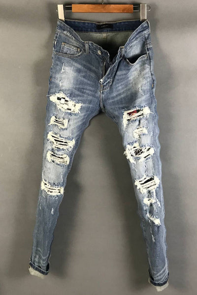 CATEN TWIX RIPPED PATCHWORK WASHED DENIM JEAN PANTS IN BLUE - boopdo