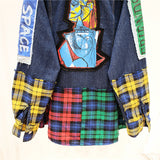 ALEYA NOIR GRAFFITI STYLE PATCHWORK DENIM JEAN SHIRT IN NAVY - boopdo