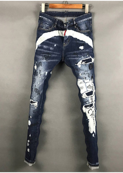 BOOPDO DESIGN ROCKETS DSQTWUX SPRAY PAINT RIPPED PATCH DENIM JEAN PANTS IN NAVY - boopdo
