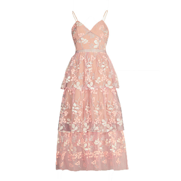 ALICE ROPE STRAP FLORAL EMBROIDERY PROM DRESS - boopdo