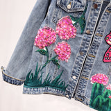 KEAN DENYA GANGO HANDMADE FLOWER BUTTERFLY EMBROIDERED DENIM JEAN COAT - boopdo