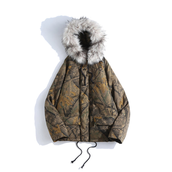 ZAZU PARKAS FAUX FUR COLLAR COTTON MOUNTAIN PRINT HOODED JACKET IN CAMO - boopdo