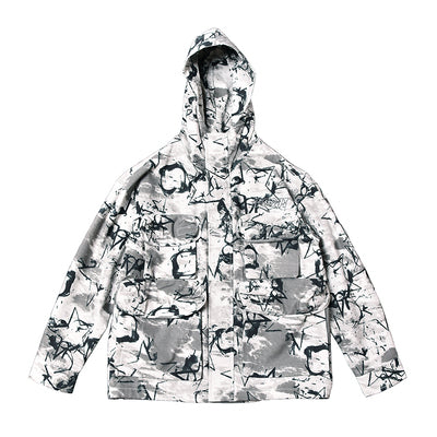 ADAM FREAK VELCRO GRAFFITI DESIGN MULTI POCKET CAMO PRINT HOODED JACKET - boopdo