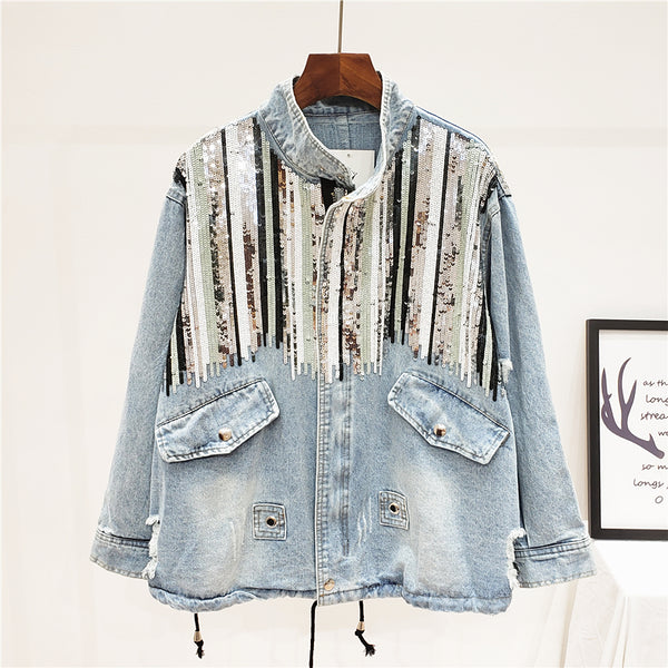 GIANA TRUANCY OLD STYLE DENIM JEAN WOMEN JACKET WITH BEADED SEQUINS - boopdo