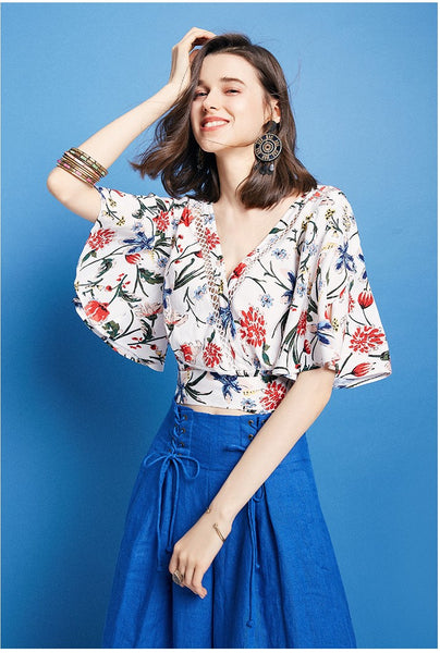 ARTKA WRAP FRONT BLOUSE WITH TIE SIDE IN FLORAL PRINT - boopdo