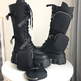 JESSY MARIA BRITISH STYLE CHUNKY PLATFORM LEATHER BOOTS WITH STRAP POCKET IN BLACK - boopdo