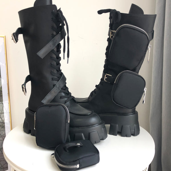 JESSY MARIA BRITISH STYLE CHUNKY PLATFORM LEATHER BOOTS WITH STRAP POCKET IN BLACK - boopdo