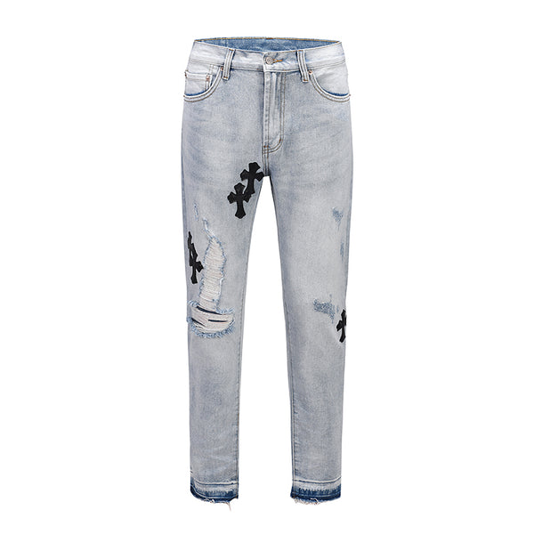 RICKY ELZA CROSS LEATHER PATCH RIPPED DENIM JEAN PANTS - boopdo
